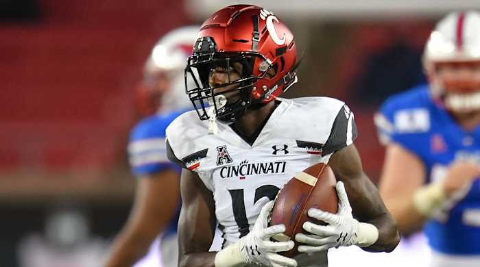 Cincinnati Bearcats cornerback Ahmad Gardner (12) makes an interception against Southern Methodist Mustangs during the second half at Gerald J. Ford Stadium.